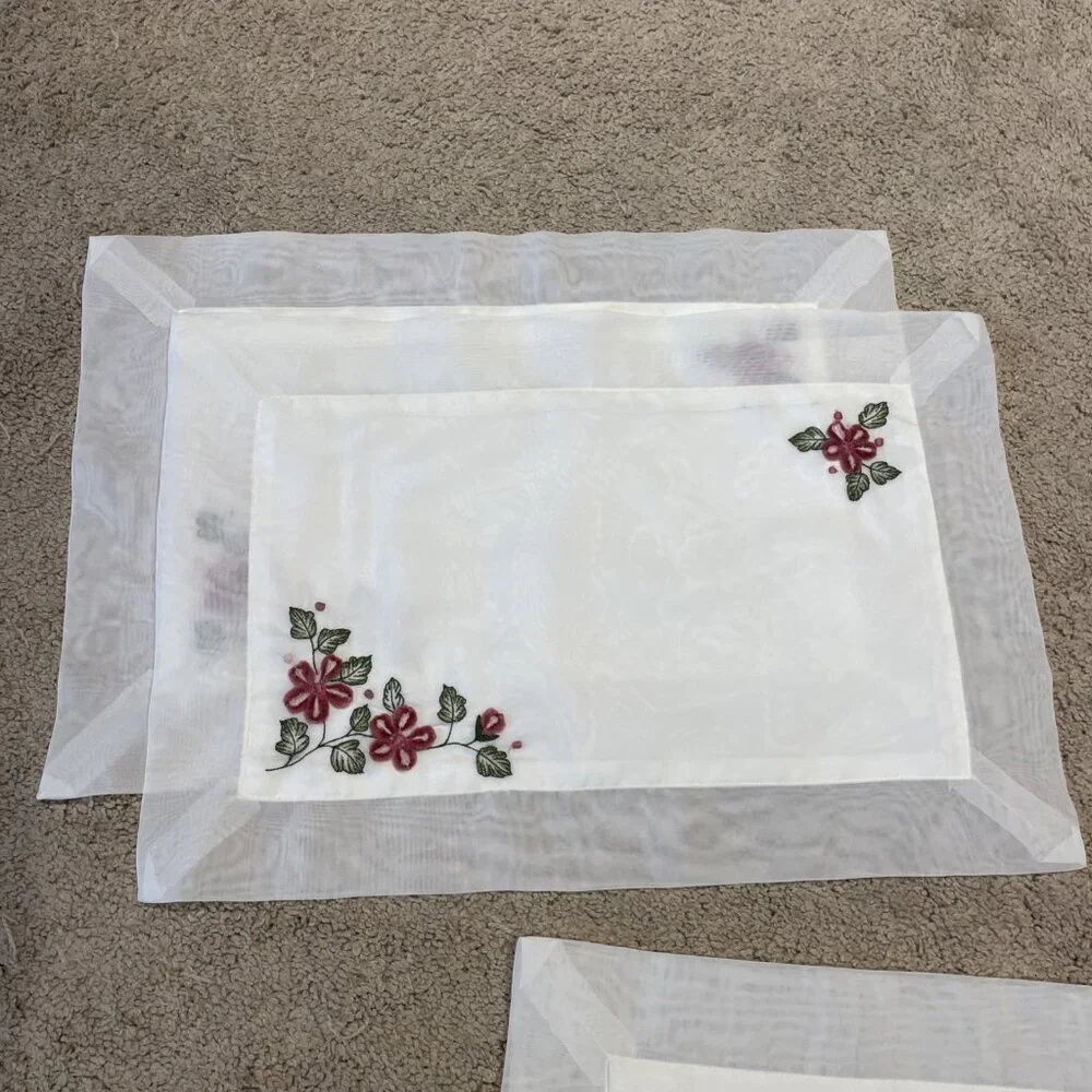 Vintage Embroidered Floral Placemats Sheer White w/ Pink Tufted Roses Set of 4